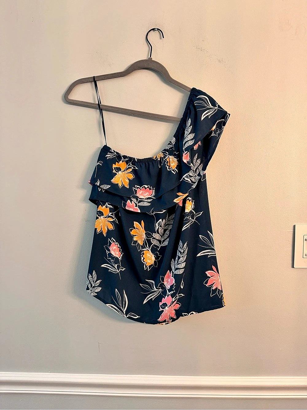 NWT APT.9 One Shoulder Ruffle Top Floral Blue & Yellow Medium